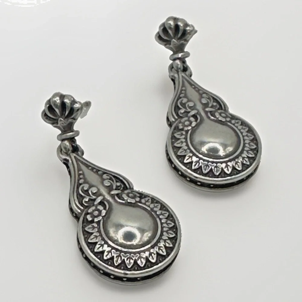 Brighton Earrings Silver Tone Scroll Teardrop Drop Fleur de Lis Post Retired
